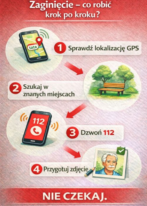 Grafika informacyjna dotycząca zaginięcia osoby z demencją i kroków, które należy podjąć w takiej sytuacji.
