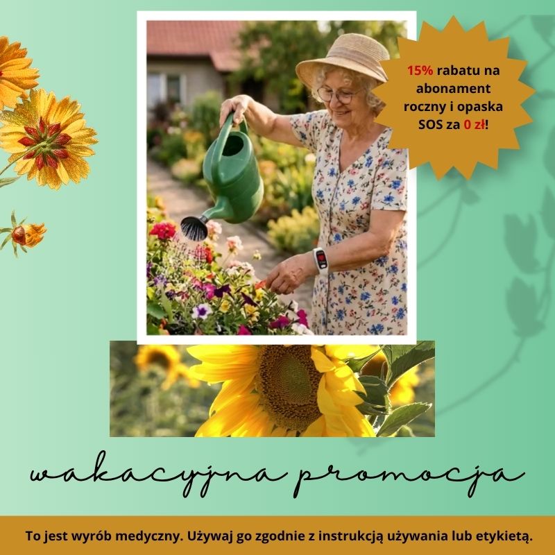 Promocja wakacyjna Senium Care! Skorzystaj z kodu rabatowego WAKACJE i odbierz 15% zniżki na roczny abonament teleopieki oraz opaskę SOS gratis. Bezpieczeństwo seniora 24/7.