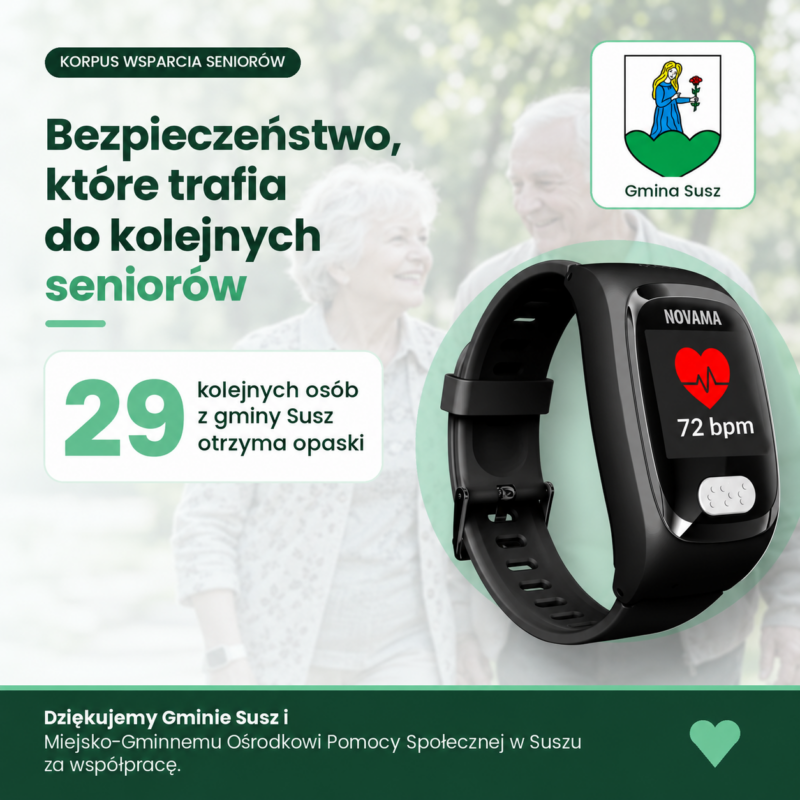Opaski dla seniorów Susz – przekazanie 29 opasek bezpieczeństwa mieszkańcom gminy w ramach programu Korpus Wsparcia Seniorów.